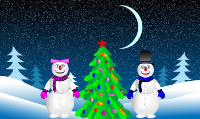 Christmas tree and snowmans in fir tree forest