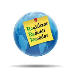 Esfera brillante planeta con post-it Reutilizar Reducir Reciclar © teracreonte
