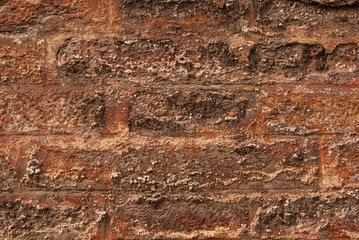 Old brick brown wall is closeup