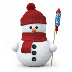 Snowman with woolen hat and fireworks rocket - obrazy, fototapety, plakaty
