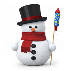Snowman with top hat and fireworks rocket