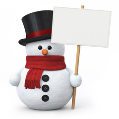 Snowman with top hat and signboard
