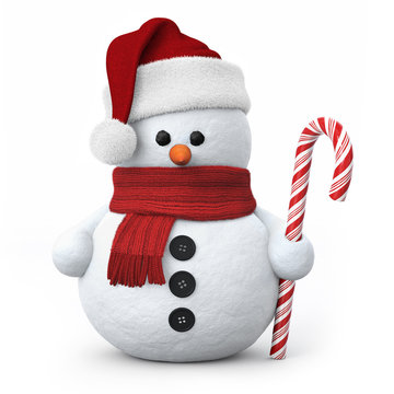 Snowman with santa hat and candy cane
