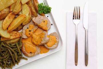 Pfeffer-Rahm Schweinemedaillons mit Kartoffelspalten