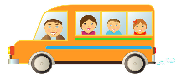 cartoon cheerful family moving in funny bus