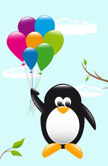 pinguin mit luftballons fliegt