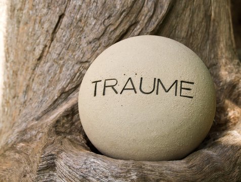 Wort "Tr&auml;ume" auf runder Keramik, alte Holzwurzel