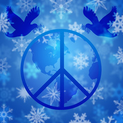 Peace Dove Over Earth Globe and Snowflakes