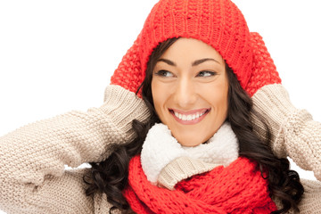 beautiful woman in hat, muffler and mittens