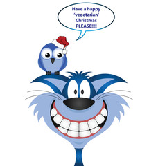 Bird and cat with vegetarian Christmas message