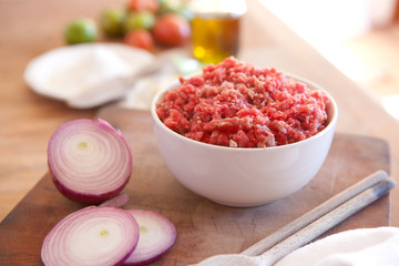 Raw, uncooked, ground beef