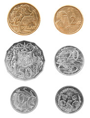 Australian coins currency isolated with different money values including one dollar, two dollar, fifty cent, 20 cent, 10 cent and five cent silver and gold coins
