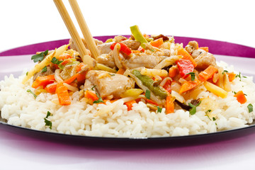 Asian food - chicken with vegetables and rice