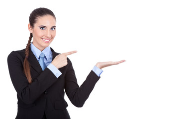 businesswoman showing product