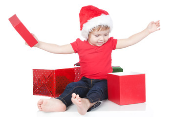 Picture of funny child opening christmas present over white