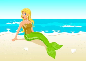 Fototapete Meerjungfrau Vektor-Illustration einer Meerjungfrau am Strand
