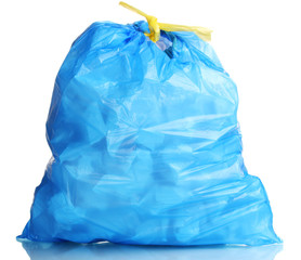 blue garbage bag with trash isolated on white