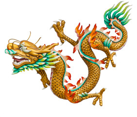 Golden dragon isolated on white background with clipping path