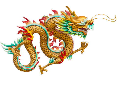 Golden dragon isolated on white background with clipping path