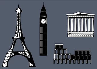 Tableaux ronds sur aluminium Doodle symboles des villes européennes