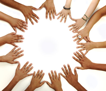 Conceptual symbol of multiracial children  hands making a circle