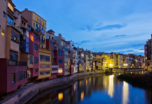 old town of Girona at night, Spain