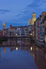 old town with cathedralof Girona at night, Spain