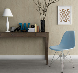 Console table with modern classic chair wood floor and wallpaper
