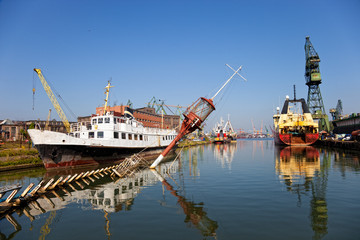 Ship wreck in shipyard