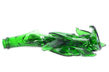 Shattered green champagne bottle isolated on the white