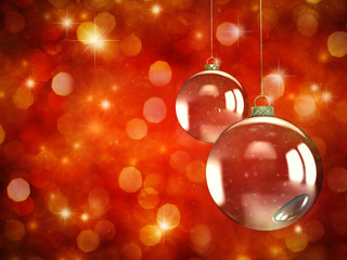 Christmas baubles on red sparkly background