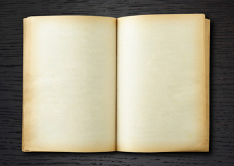 old book open on dark wood background