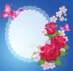 Background with frame, roses and butterfly
