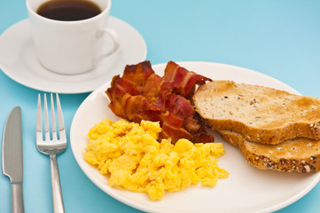American breakfast, bacon scrambled egg and coffee