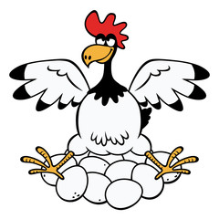 Happy hen sitting on lots of eggs