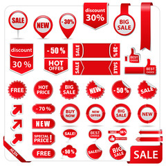 Vector red price tags, labels, stickers, arrows and ribbons