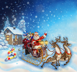Christmas illustration of Santa Claus in a sleigh with reindeer