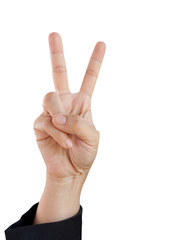 Businessman hand giving the victory or peace sign isolated on wh