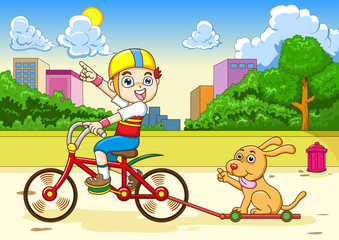 garçon et chien, faire du vélo