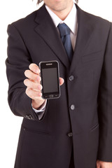 Business man offering cellphone