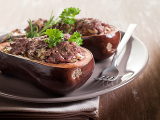 stuffed eggplants with parsley on dish