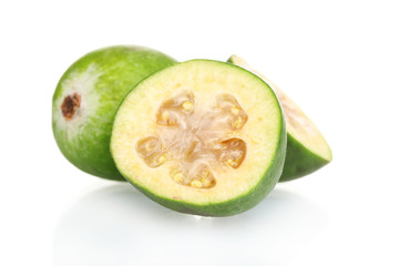 slsed feijoa fruit, isolated on white