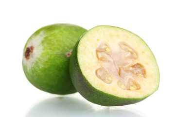 slsed feijoa fruit, isolated on white