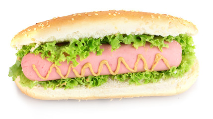 Delicious hot dog with mustard and lettuce isolated on white