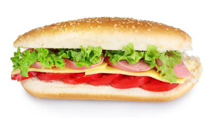 Sandwich with sausage, cheese and tomatoes isolated on white