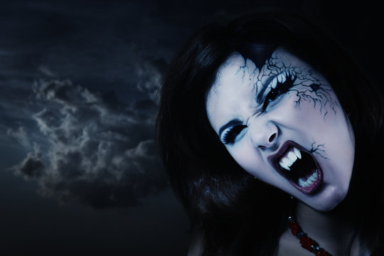 Evil Vampire Woman Beautiful Halloween Over Night Background