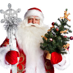 Christmas theme: Santa Claus holding christmas tree and his bag