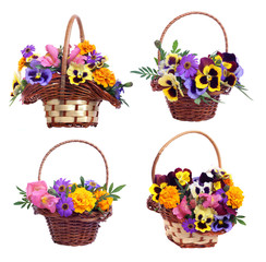 set of baskets with various flowers on white background