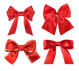 set of red gift satin ribbon bows on white background