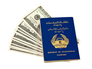 Naklejka premium Afghanistan passport and money isolated on white background